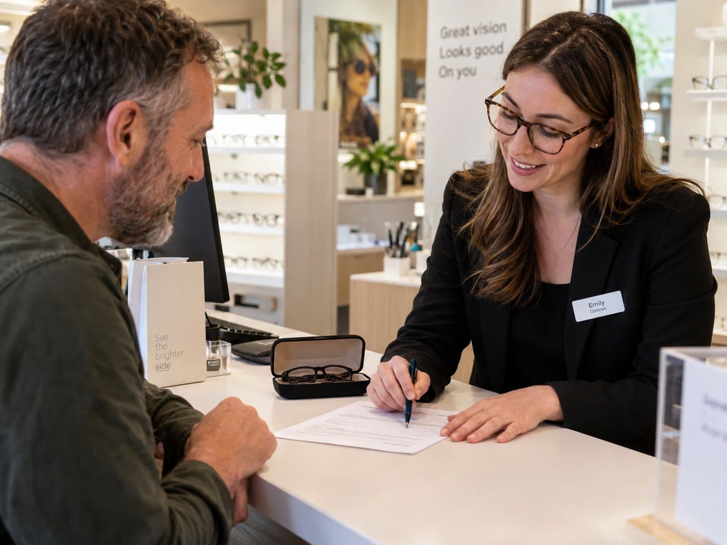 Optician going over an order with a customer at the counter