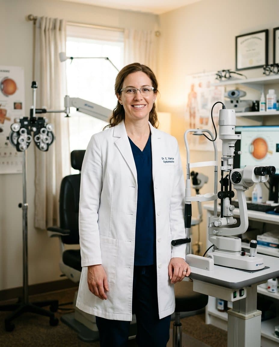 Optometrist in a white coat beside a slit lamp