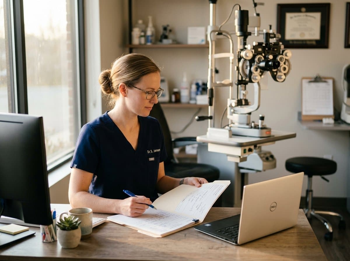 Optométriste qui rédige ses notes à son bureau entre deux rendez-vous