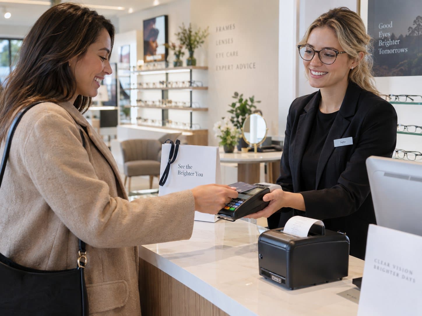 Cliente qui paie par carte au comptoir du magasin d'optique