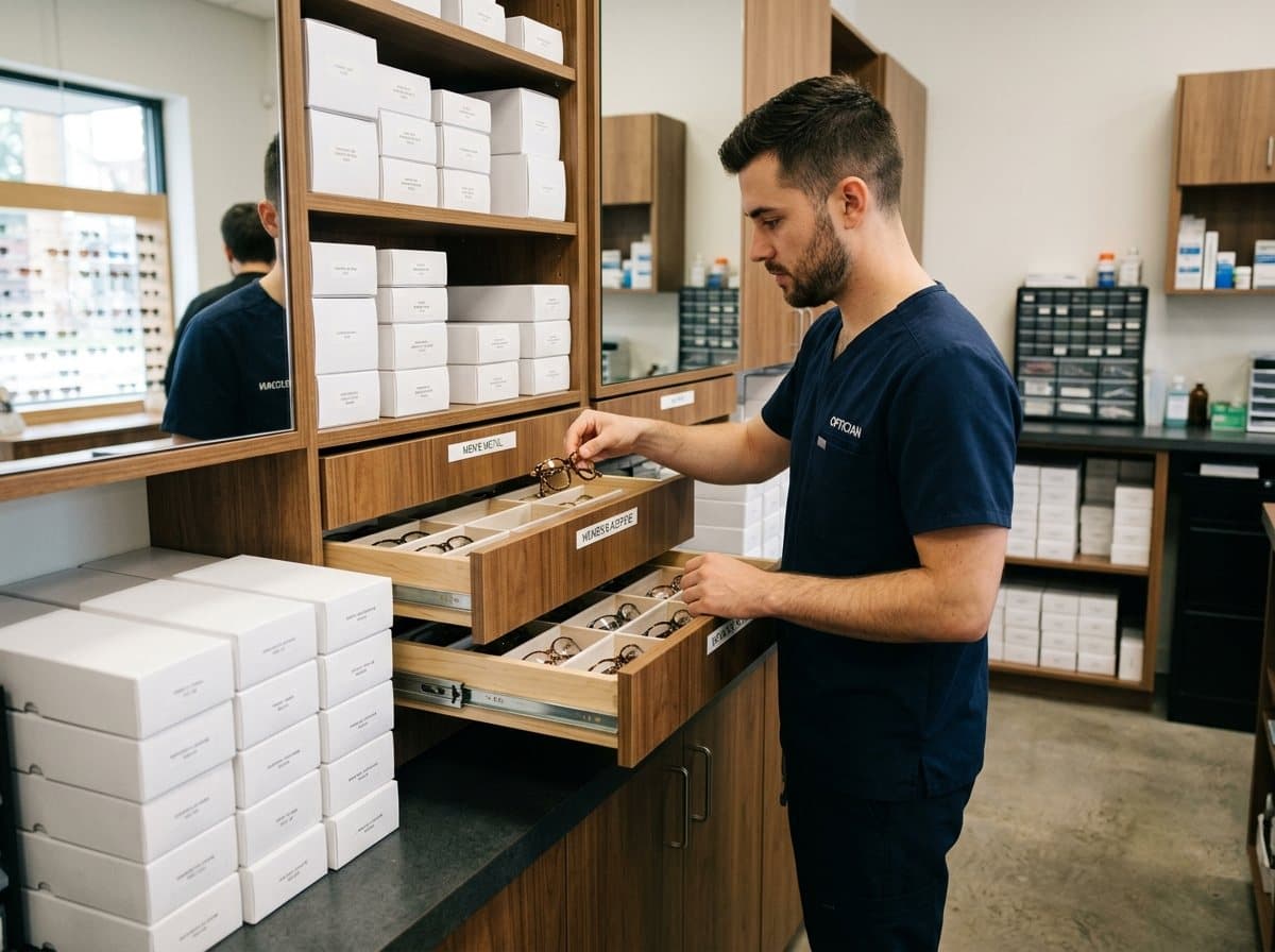 Opticien qui range des montures dans les tiroirs de stock