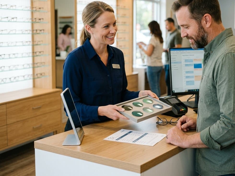 Óptica presentando opciones de lentes a un cliente